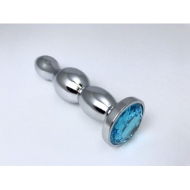 Серебристая анальная пробка-ёлочка с голубым кристаллом - 12 см.
